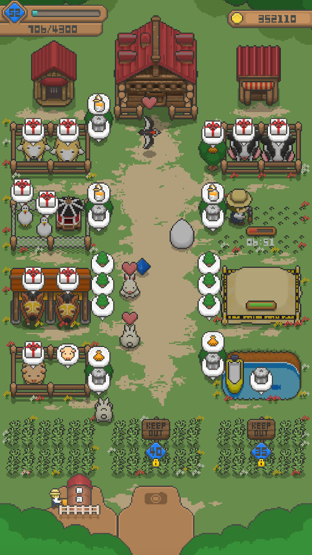 Tiny Pixel Farm wild animals: a wolf, fox, and rabbit appearing as friendship grows.