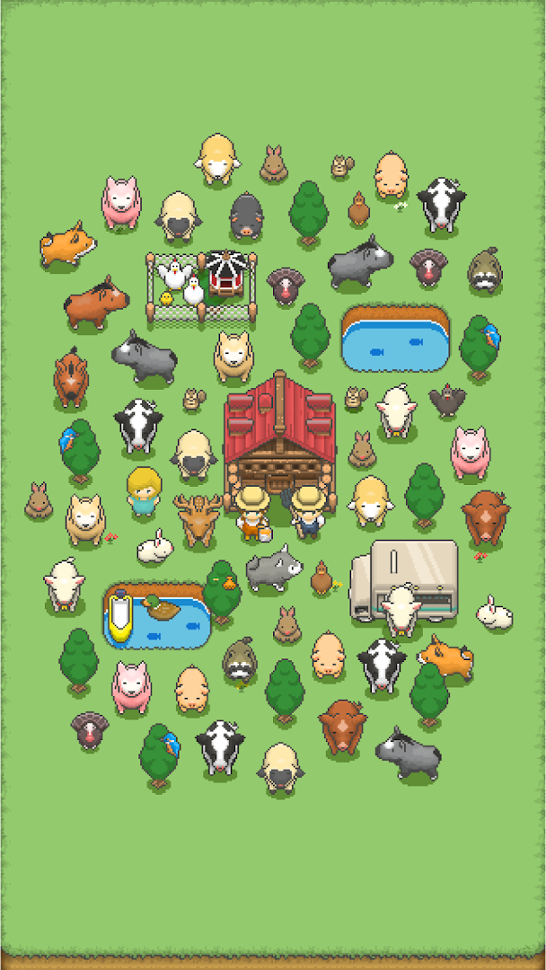Tiny Pixel Farm main screen showing a single-screen ranch with animals and buildings.