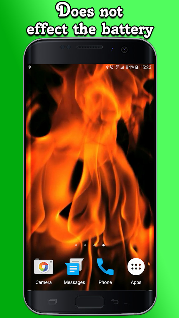 Fire Live Wallpaper showing a portrait mode view with a blazing fire effect