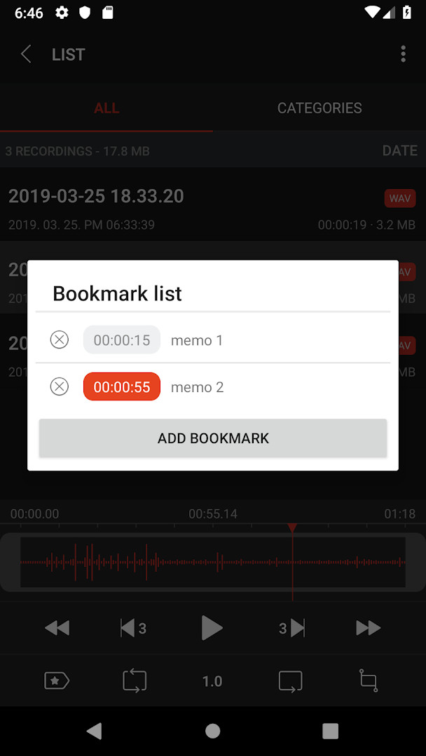 Waveform playback screen with playback speed controls and bookmarks