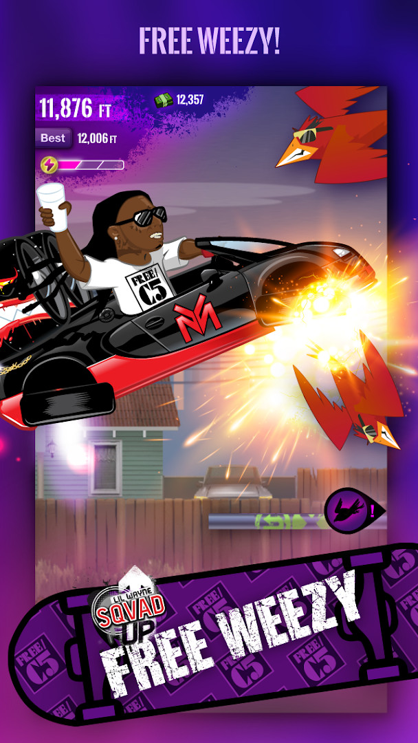 Free Weezy - Lil Wayne's Sqvad main screen showing a skater rolling through the streets of Hollygrove