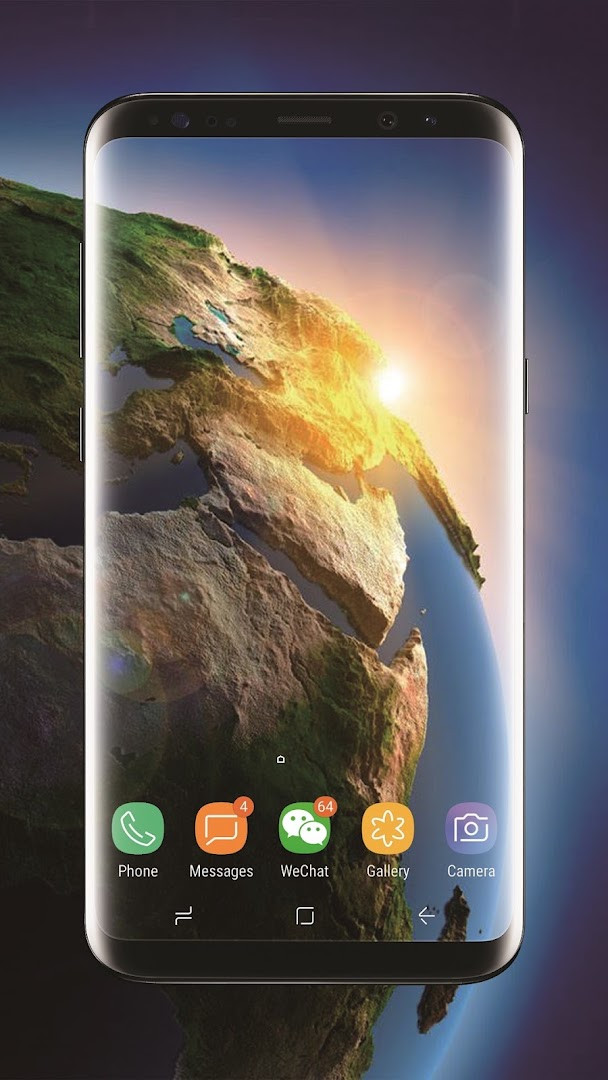 Live wallpaper preview screen showing the 3D Earth with interactive controls for rotation speed and zoom.