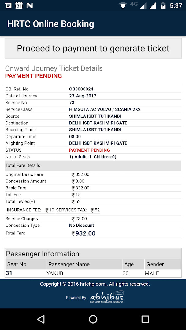 HRTC Online Booking Official cancellation screen to manage booked tickets