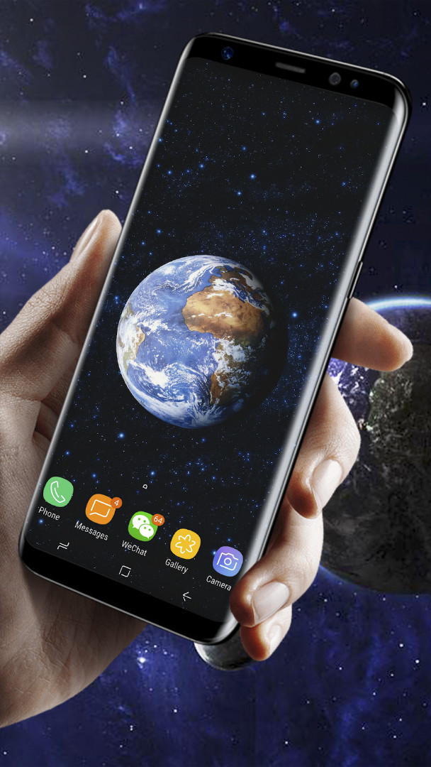 Home screen with a realistic 3D Earth rotating against a starry space background with a comet.