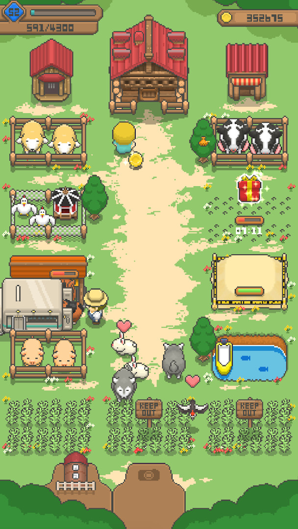 Tiny Pixel Farm gameplay: restoring a weed-ridden ranch with pixel art characters.