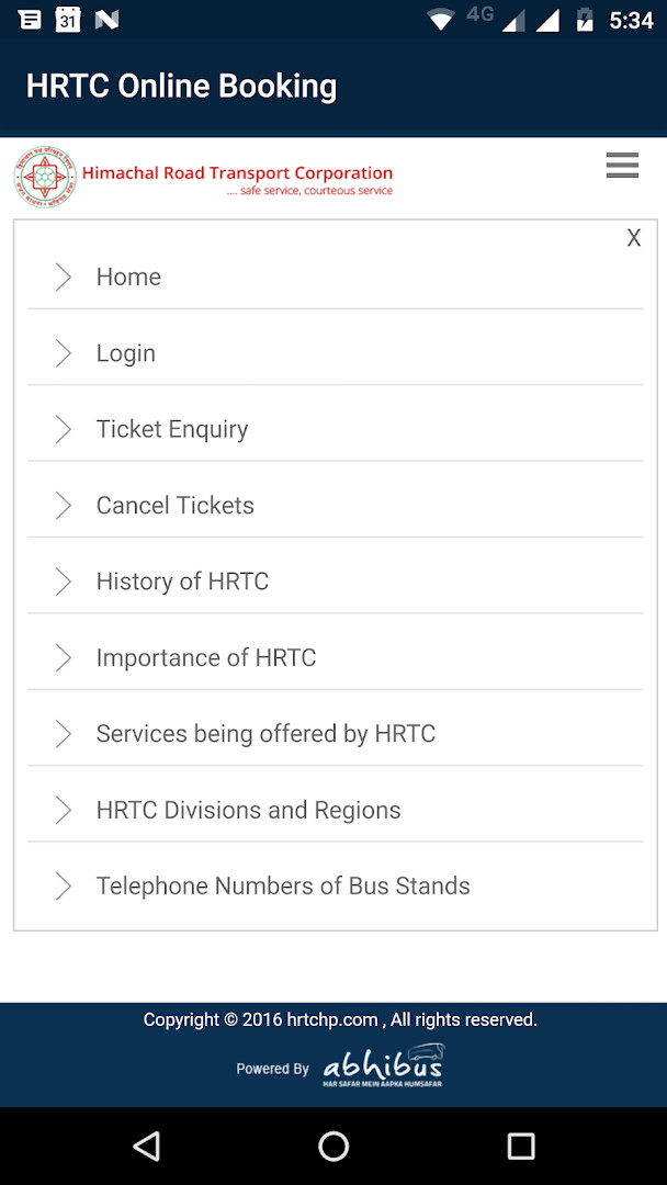 HRTC Online Booking Official home screen showing bus ticket booking options