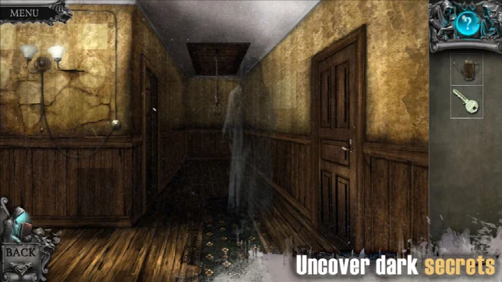 Screenshot featuring a puzzle interface with gears and locks, set in a creepy interior