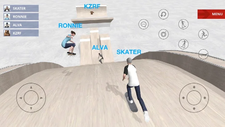 Skate Space main screen with a skateboarder in a custom park.