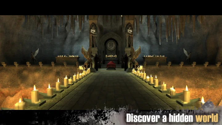 Screenshot of an underground cave location with glowing crystals and a puzzle mechanism