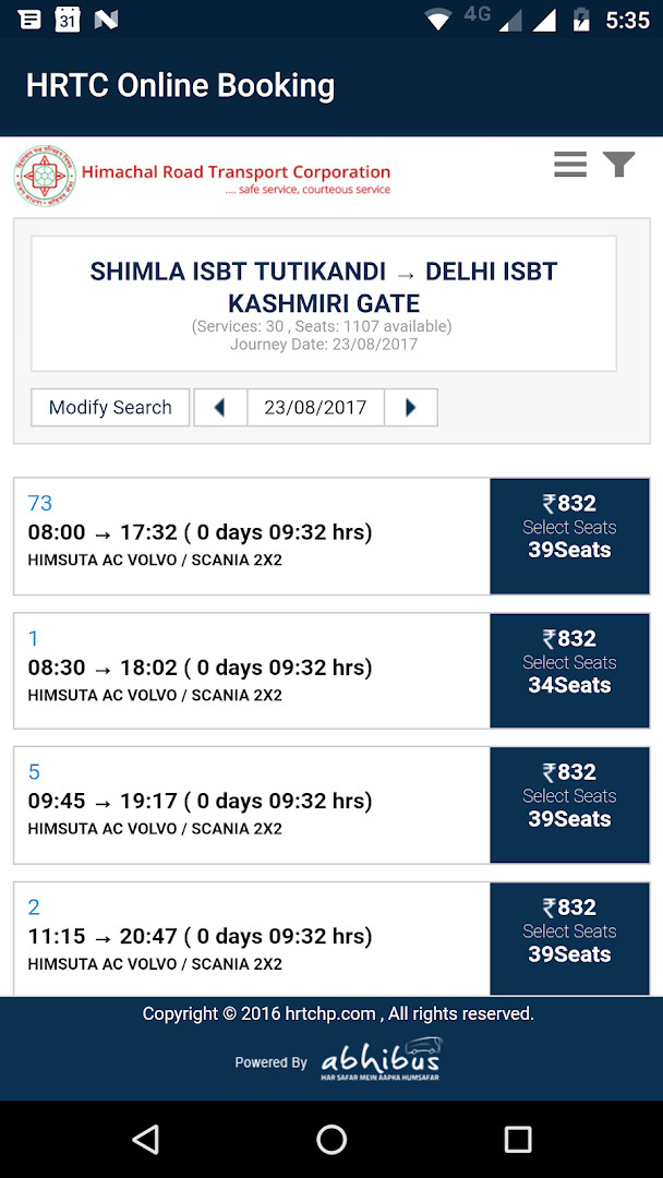 HRTC Online Booking Official seat selection screen for choosing bus seats