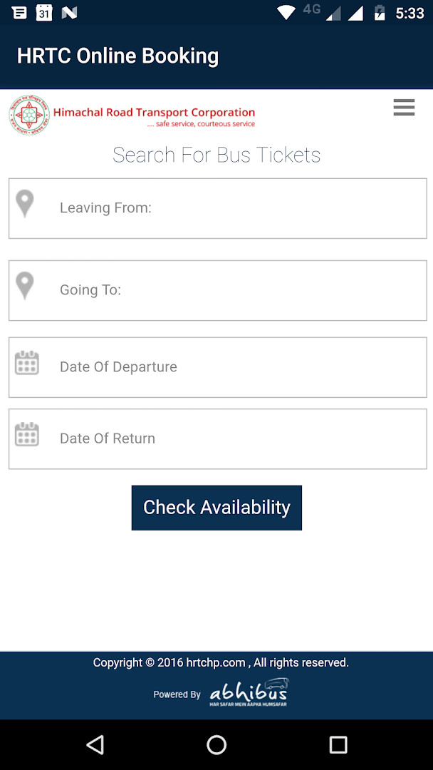 HRTC Online Booking Official bus search screen for selecting routes and dates