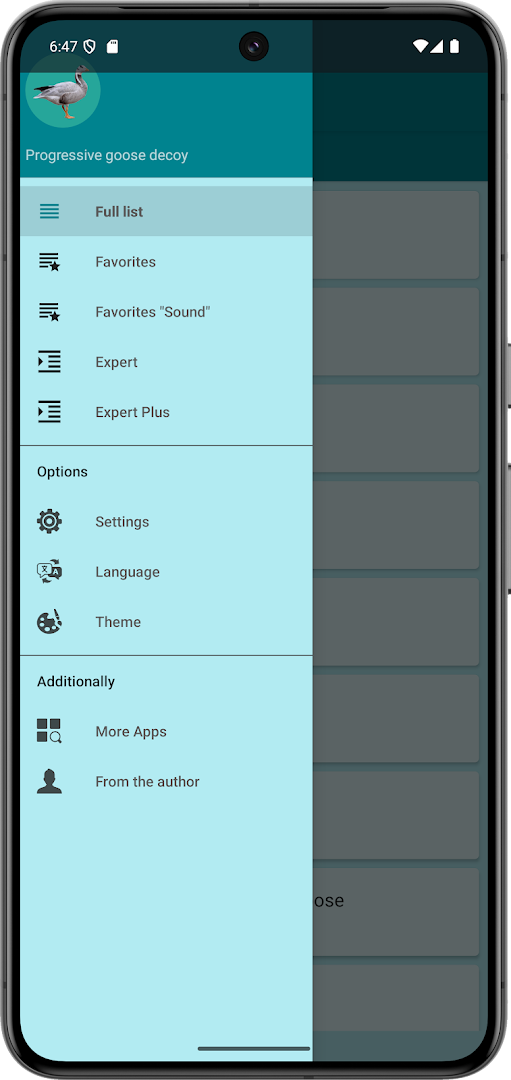 Progressive Goose Decoy home screen with category selection for goose types.