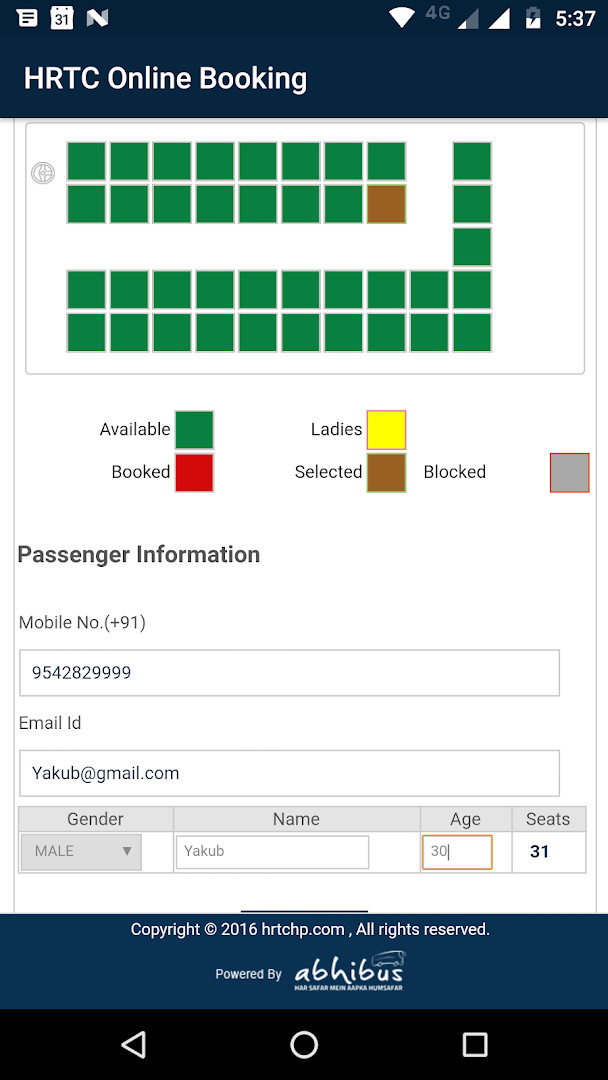 HRTC Online Booking Official e-ticket display with booking details and QR code