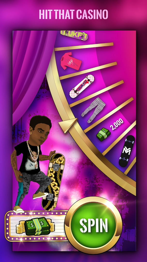Free Weezy - Lil Wayne's Sqvad casino screen where players spin for shirts, pants and prize packs