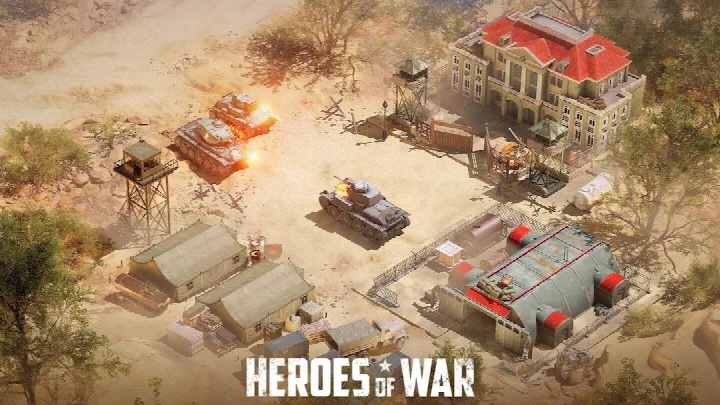Heroes of War: Idle army game military base upgrade interface generating resources while AFK