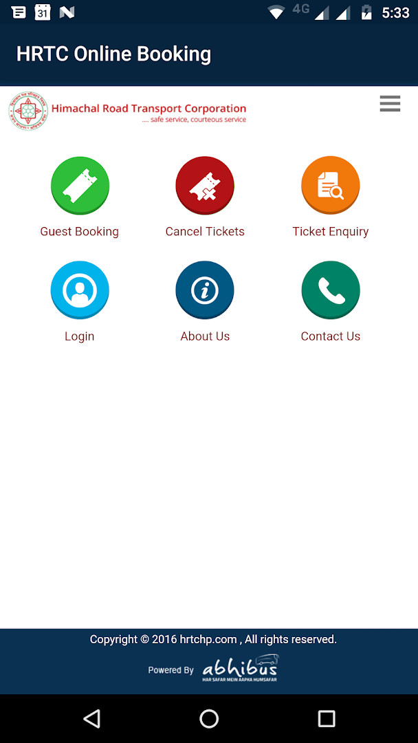 HRTC Online Booking Official login screen with registration option for new users