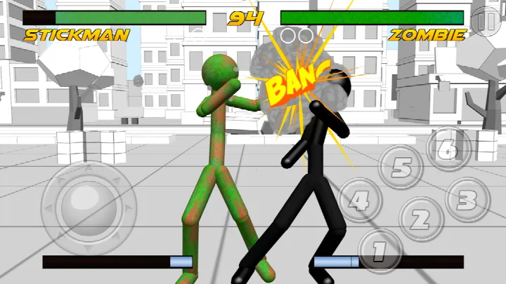 Stickman Fighting 3D main menu with character selection and start button.