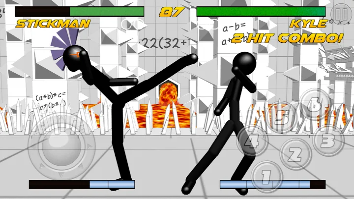 Stickman Fighting 3D character roster showing normal, zombie, demon, cyber, and kyle stickmen.